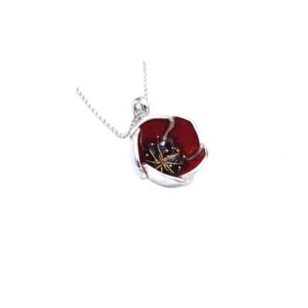 Red Poppy Flower Pendant Made Out of Silver Enamel and Gold Plated Stamens