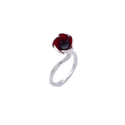 Dainty Red Poppy Flower Ring Made Out of Silver and Enamel