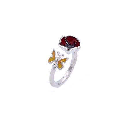 Red Poppy Flower-Butterfly Ring Made Out of Sterling Silver and Enamel