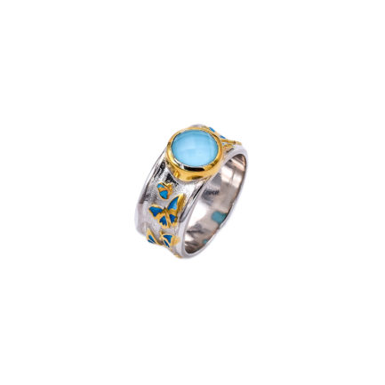 Sterling Silver Ring Butterfly Gold Plated with Enamel with Gold Leaf