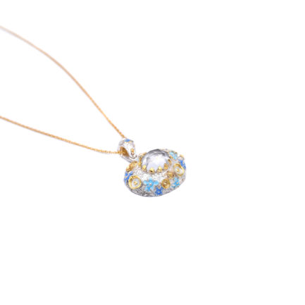 Romantic Crystal Flower Pendant Made of Silver, Enamel and Gold-Plated Details