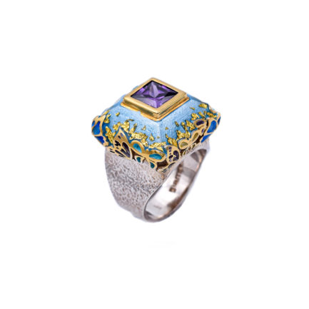 Amethyst Cocktail Ring with Butterflies and Gold-Plated Details