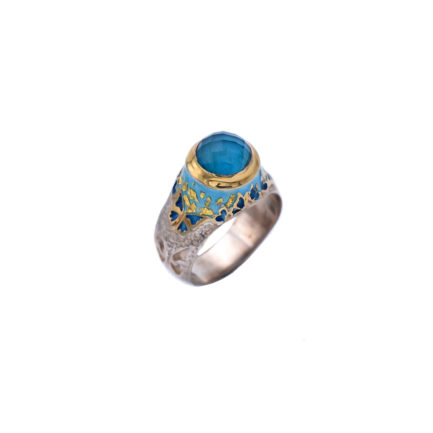 Blue Apatite Butterfly Ring, Gold Plated with Enamel