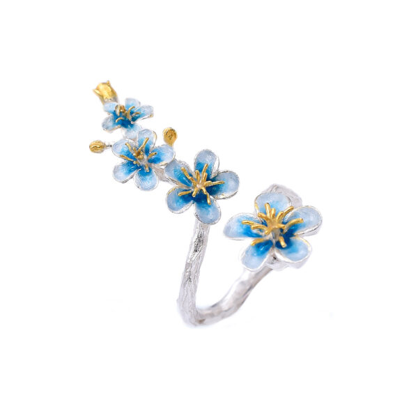 Almond Blossom Statement Ring Made out of Silver and Enamel Blue