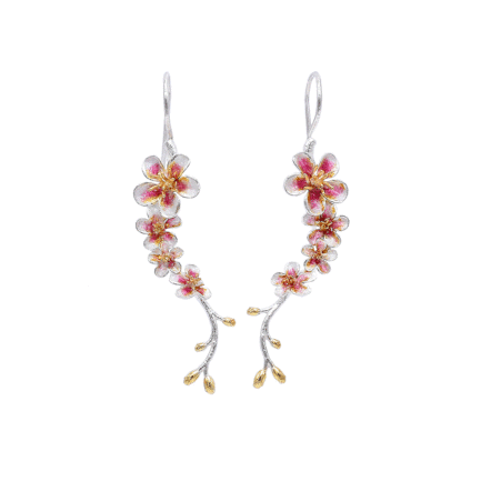 Cherry Blossom Dangle Earrings with Gold Plated Stamens and Pink Enamel