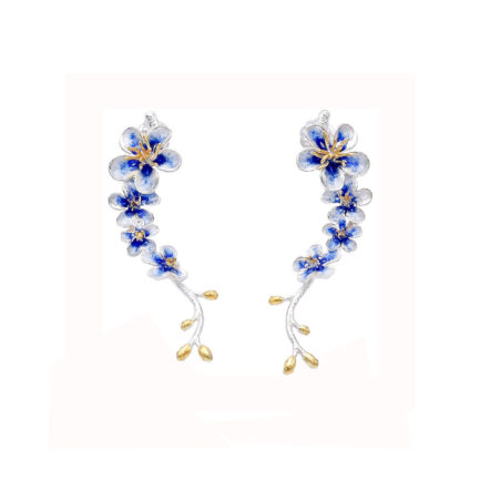 Bridal Light Blue Flower Earrings with Gold Plated Details