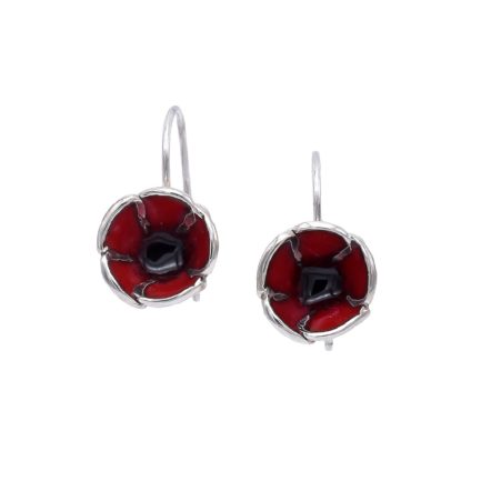 Tiny Red Poppy Dangling Earrings Made out of Silver and Enamel