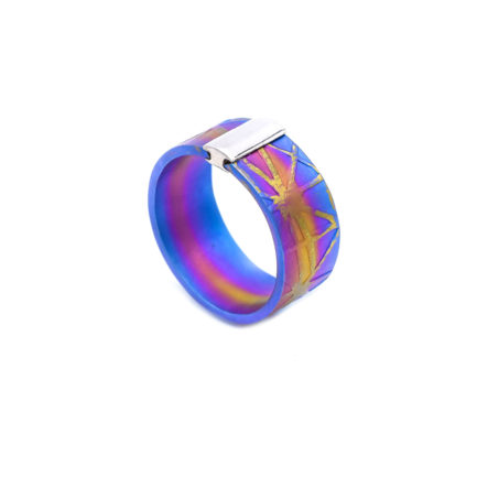 Colorful Flat titanium Band Ring Textured with Sterling Silver Detail