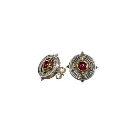 Byzantine Stud Earrings Garnet for Ladies 18k Yellow Gold and Silver 925