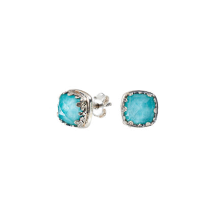 Square Stud for Ladies Earrings Small Turquoise 8x8mm Silver 925