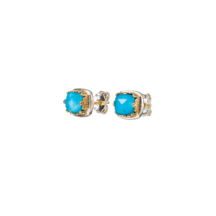 Square Stud Earrings Small Turquoise 18k Yellow Gold and Silver 925 for Ladies
