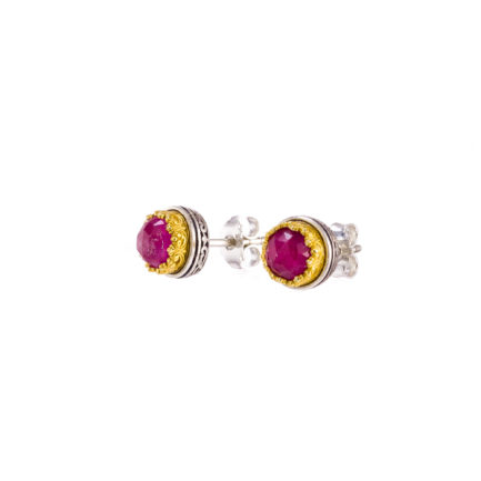 Crown Stud Earrings Small Ruby Silver 925 with Gold Plated parts for Ladies