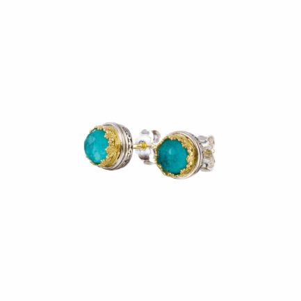 Crown Stud Earrings Small Amazonite 18k Yellow Gold and Silver 925 for Ladies