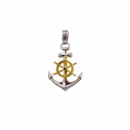 Anchor Ships Wheel Pendant for Men 18k Yellow Gold and Sterling silver
