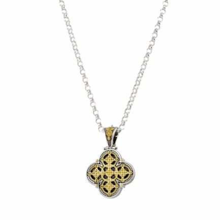 Men’s Filigree Cross Pendant Byzantine 18k Yellow Gold and Sterling Silver 925