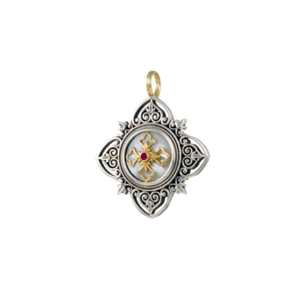 Filigree Cross Pendant Byzantine Ruby 18k Yellow Gold and Sterling Silver 925