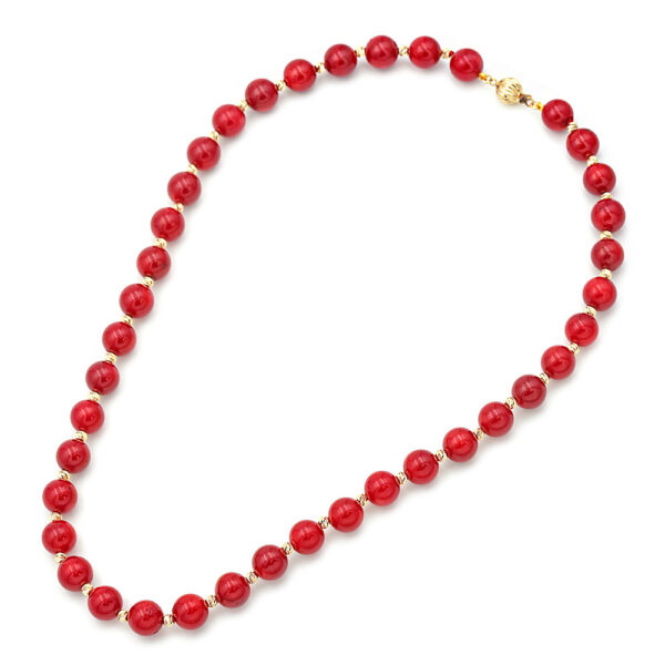 8-9mm Red Coral Bead Station Necklace in 14kt Gold