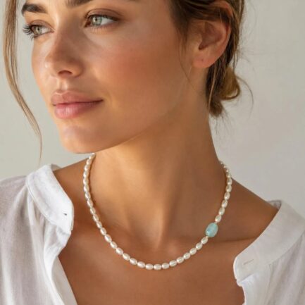 Freshwater Pearl Necklace 6-7mm with Aquamarine
