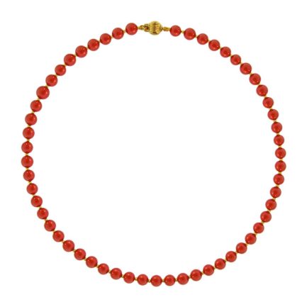 6mm Red Coral Bead Station Necklace in 14kt Yellow Gold