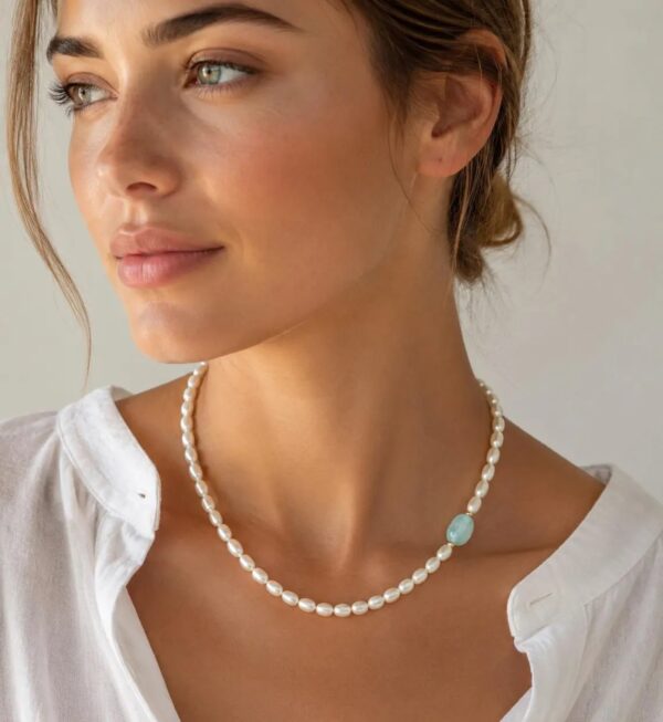 Pearl & Aquamarine Necklace 6–7mm in 14K