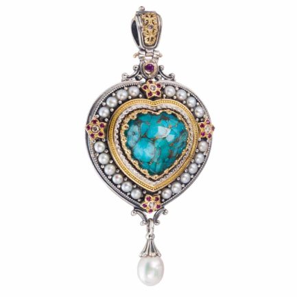 Large Heart Pendant Pearl Drop 18k Yellow Gold and Sterling Silver 925