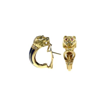 Lion Half Hoop Blue Enamel Earrings in 18k Yellow Solid Gold