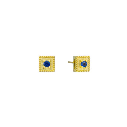 Sapphire Solitaire Square Stud Earrings these are a perfect everyday accessory that you'll never want to take off. Greek Jewelry Gold earrings sapphire by parthenonjewelry.com