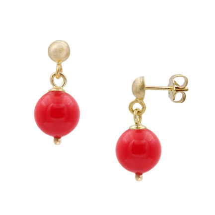 Red Coral Beads Stud Earrings in Yellow Gold 14k