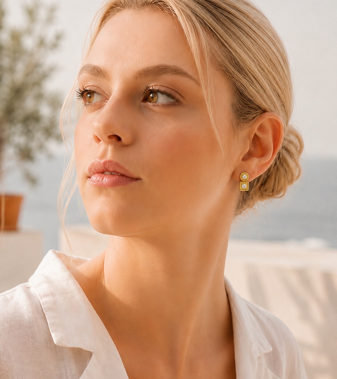 Geometric Double Diamond Stud Earrings in 18k