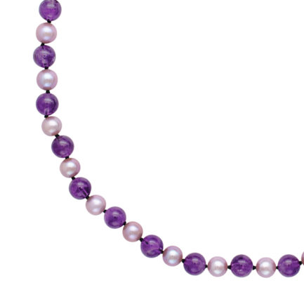 7.5-8 Round Pearls & Amethyst Bead Station Necklace in k14 Gold