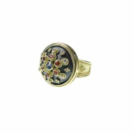 Multicolor Sapphire Byzantine Ring 18k Yellow Gold