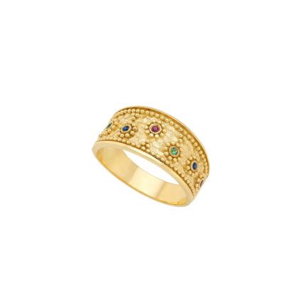 Multi Stone Byzantine Band Ring in 14k Yellow Gold