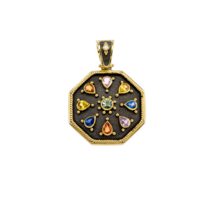 18K Gold Byzantine Octagonal Pendant with Multi Sapphires