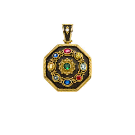 18K Gold Byzantine Octagonal Pendant with Sapphires
