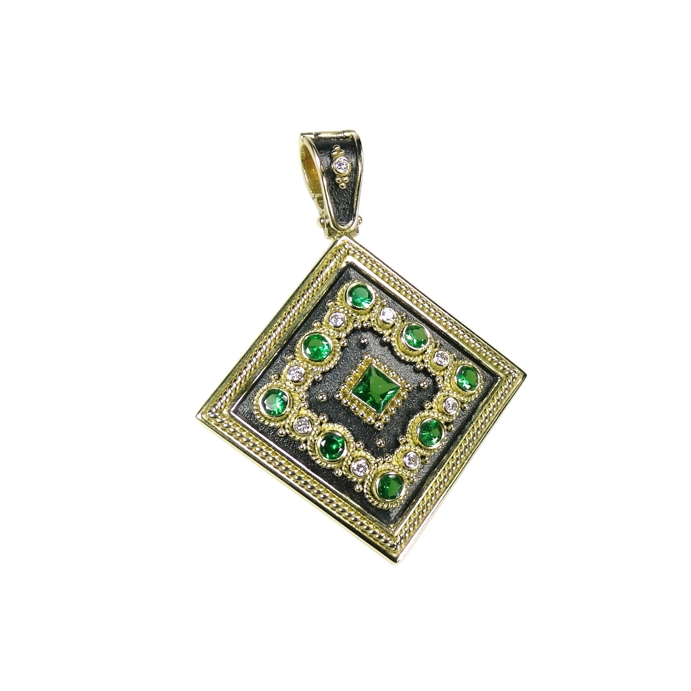 18K Gold Byzantine Pendant with Green Tsavorites