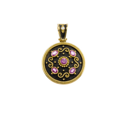 18K Gold Byzantine Round Pendant with Pink Sapphires