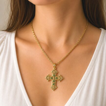22k Gold Byzantine Pendant Cross with Emeralds