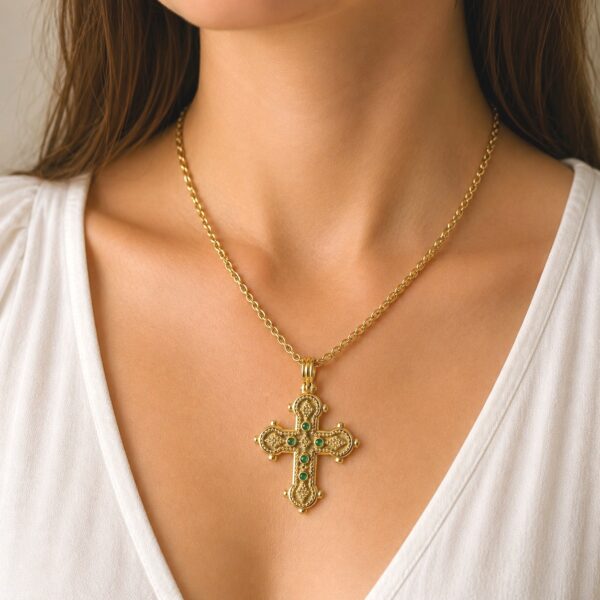 22k Gold Byzantine Pendant Cross with Emeralds