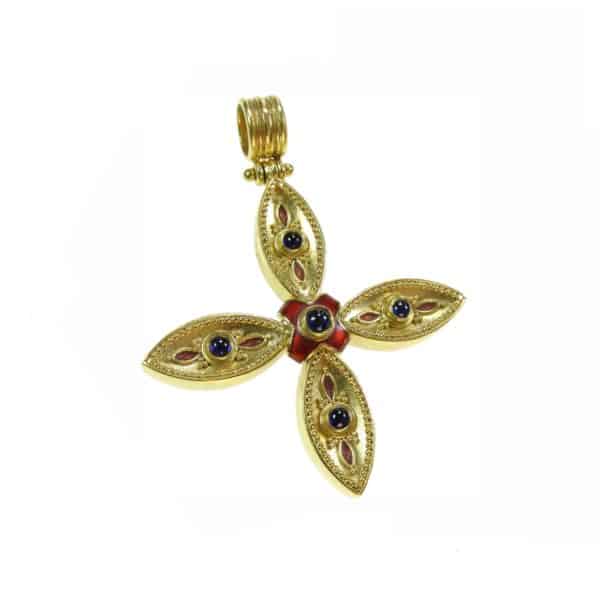 Large 22k Gold Byzantine Pendant Cross with Sapphire and Enamel