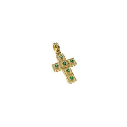 Emeralds Byzantine Cross Pendant in18k Yellow Gold
