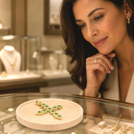 Emeralds Handmade Pendant Cross in 18k Gold