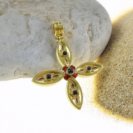 Large 22k Gold Pendant Cross with Sapphire and Enamel