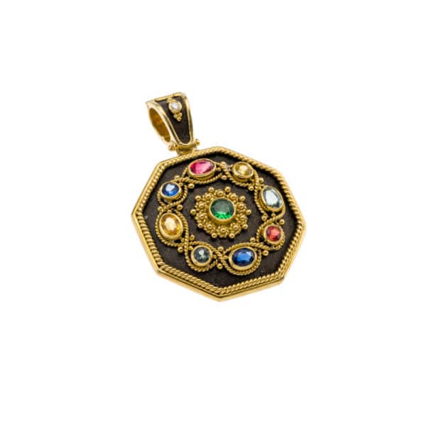Octagon Byzantine Pendant with Multi Colored Stones in 18k Gold