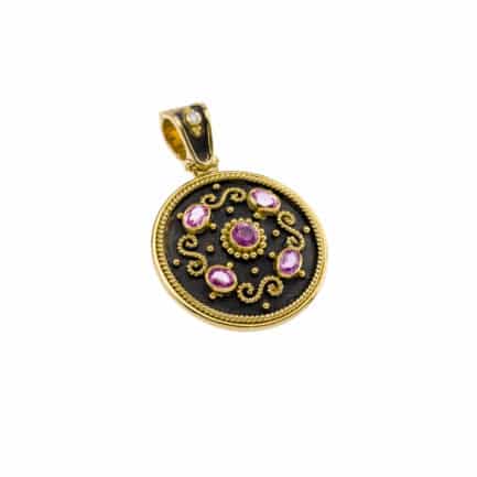 Round Byzantine Pendant with Multi Colored Stones in 18k Gold
