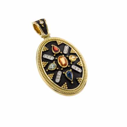 Oval Byzantine Pendant with Multi Colored Stones in 18k Gold