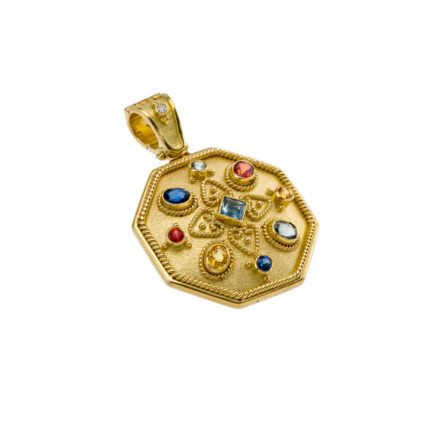 Octagon Byzantine Pendant with Multi Sapphires N153161-k