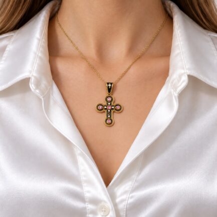 Pink Sapphire & Diamond Byzantine Cross Pendant