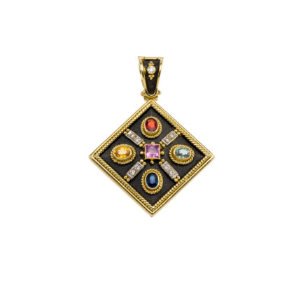 Square Byzantine Pendant with Multi Sapphire N153156-k a