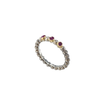 Three Stone Ruby Ring with Ornate Scrollwork