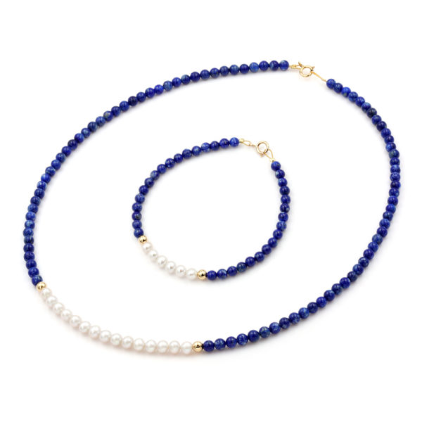 Set Necklace Bracelet with Lapis and Pearls in k14 Gold Clasp